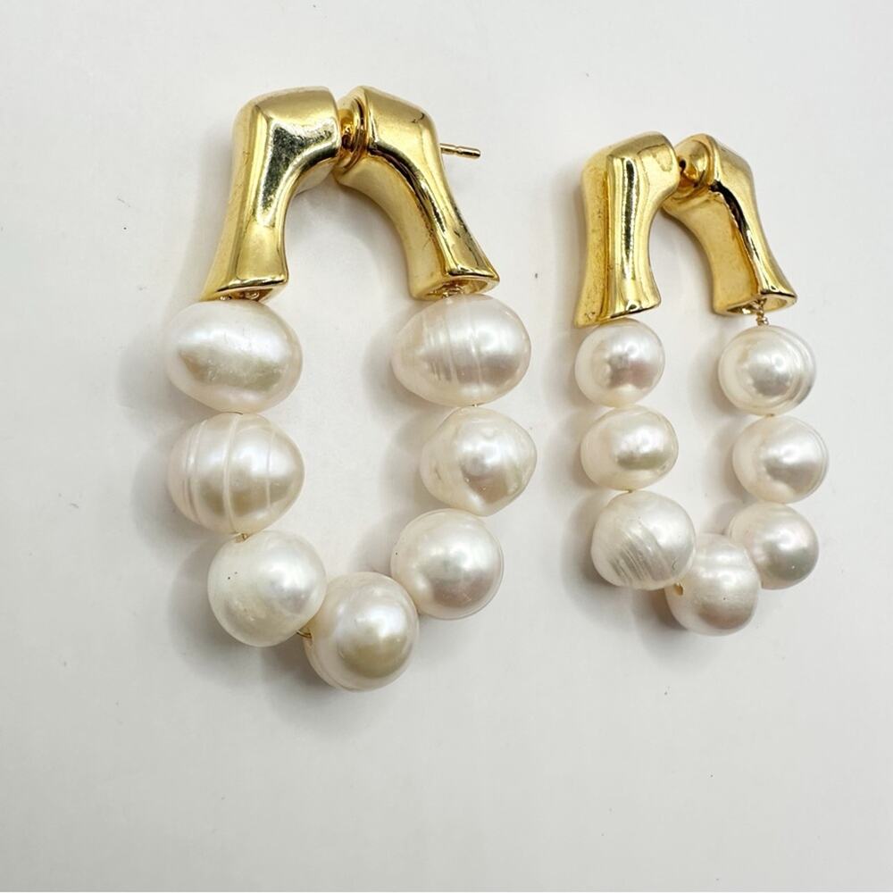 Freshwater Pearl Hoop Earring Gold plated Stainless Steel Preppy Classic Jewelry - Picture 4 of 9